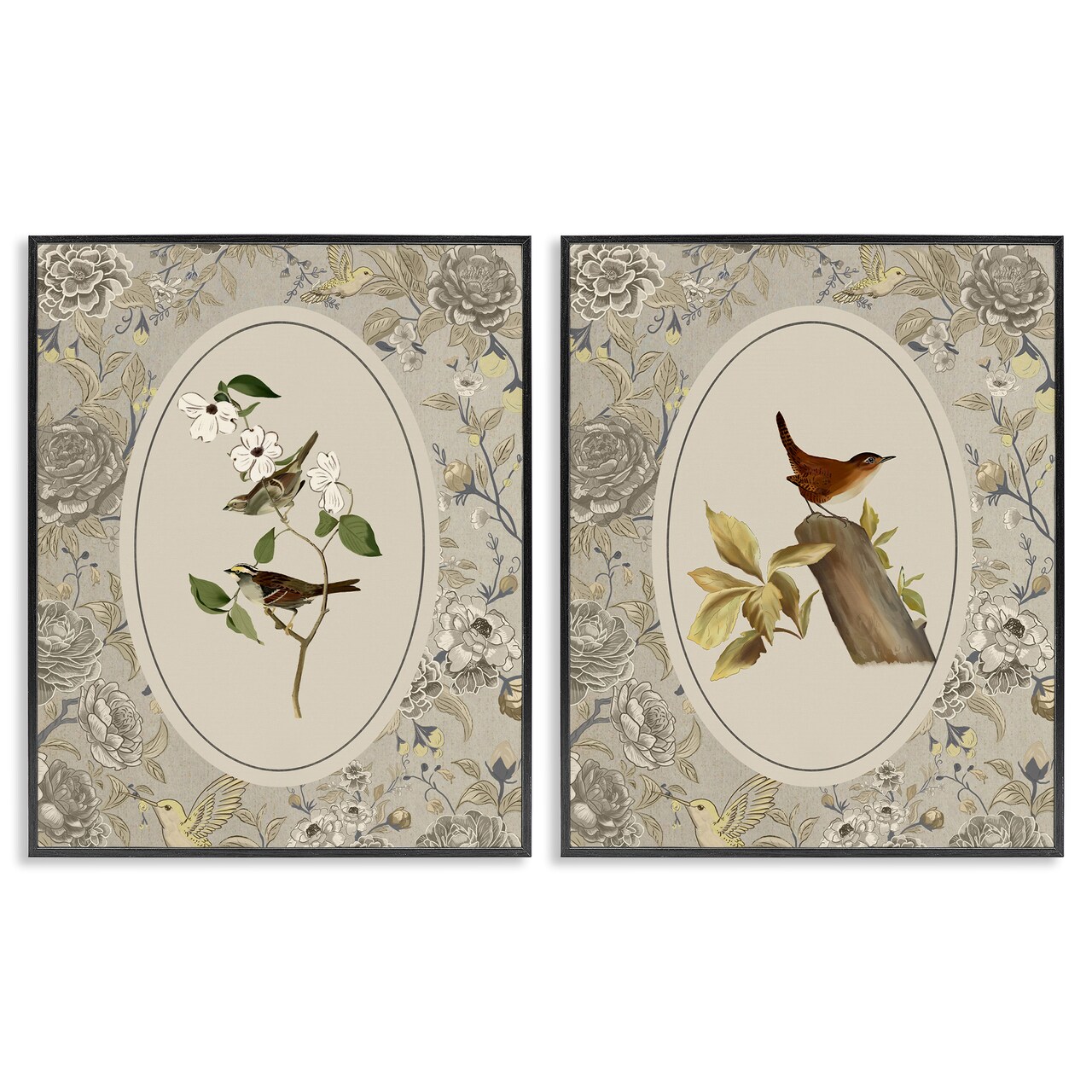 Stupell Industries Vintage Birds & Toile 2pc Framed Giclee Set, design by Radhika Modi